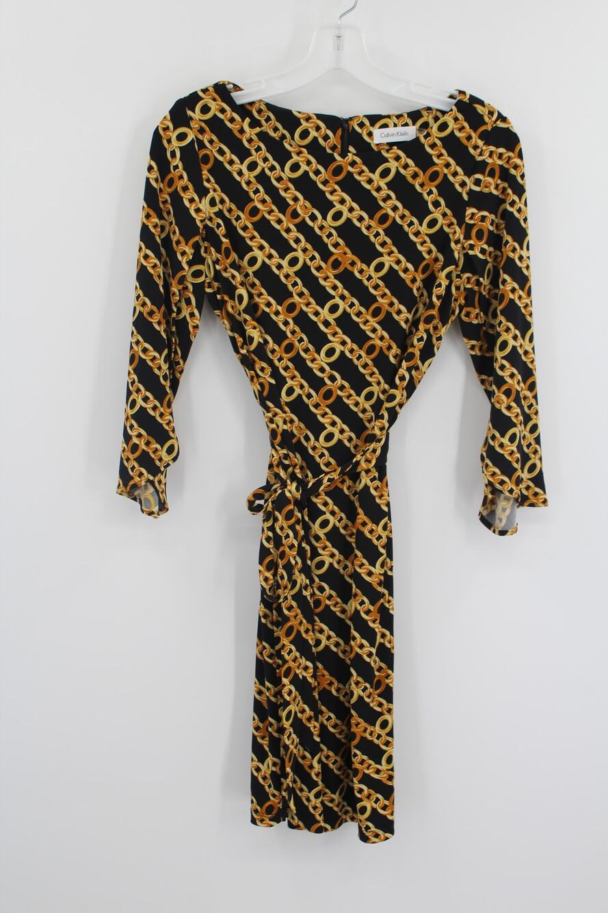 Calvin Klein Women’s 8 Tie Belted Dress Black Gold Chain Print